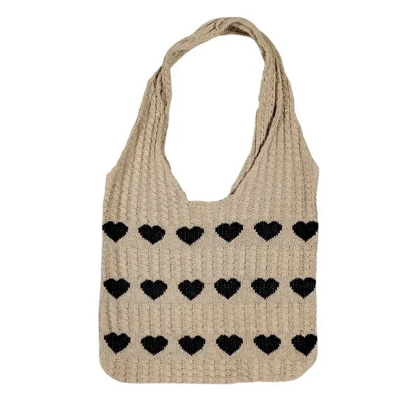 Crochet Tote Bag Tan and Black Heart Pattern Boho / Hobo Style - Picture 1 of 4